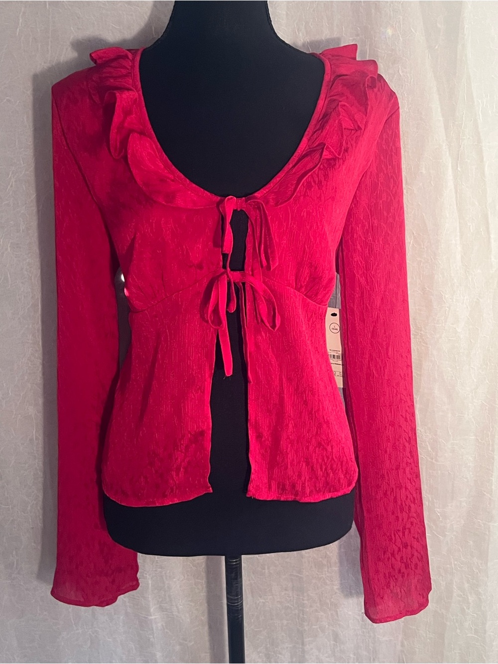 Satin Bright Red Ruffle-Tie Long Sleeve Blouse